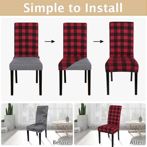 Image of SearchI Christmas Chair Covers Set of 4, Stretch Xmas Kitchen Chair Cover Removable Washable Holiday Parsons Chair Slipcovers for Dining Room, Christmas Decoration, Ceremony (Black /Red Plaid)