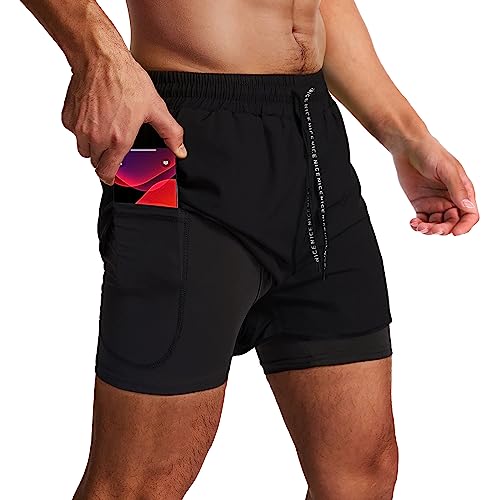 Oebld Men’s Running Shorts 3 Inch Workout Gym 2-In-1 Pants Athletic Compression Track Tights With Zipper Pockets Lightweight Quick Dry Sports Black #TOP16
