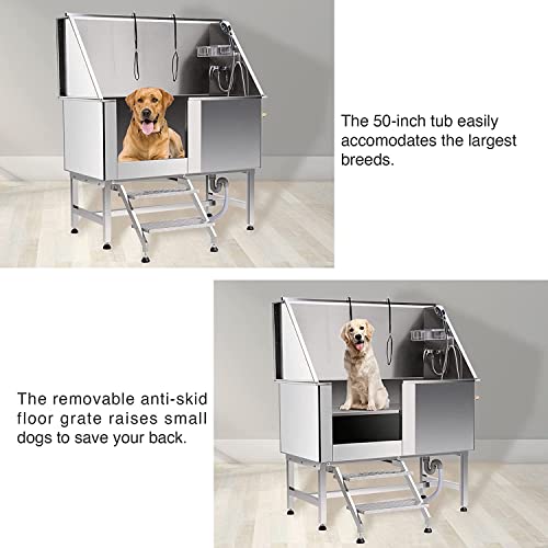 CO-Z Hundebadewanne 50'' Haustierbadewanne aus 304 Edelstahl mit Treppe, Professionelle Tierbadewanne Hundepflegewanne Hundedusche Hundepoolmit Duschkopf & Schiebetür für Hunde Tragfähigkeit 120kg