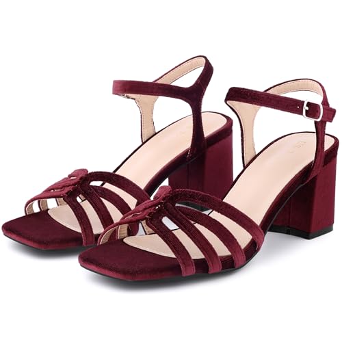 Allegra K Allegra K Women's Square Toe Slingback Velvet Chunky Heels Burgundy Sandals 7 m US