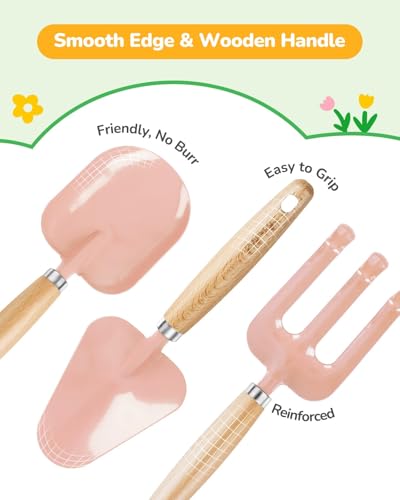 Grenebo-Gartenspielzeug für Kinder, inklusive Metallkelle, Pflanzschaufel, Gartenhut, Rechen, Schürze, Handschuhe, Gießkanne und Werkzeugtasche (rosa)