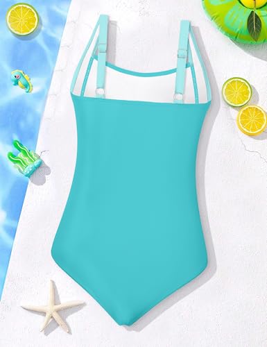 Image of Girl Swimsuit One Piece Bathing Suit for Girls Solid Color Ruched Adjustable Straps Padded Swimwear 9-18y