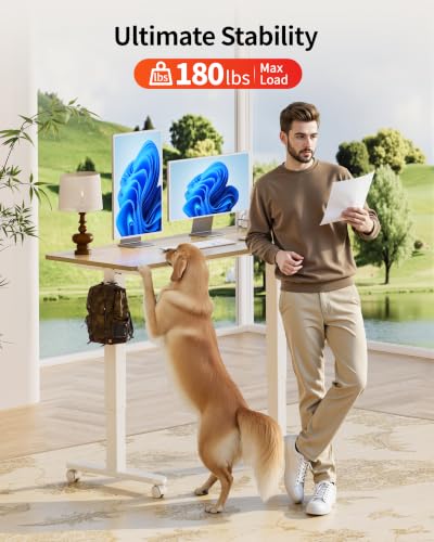 Image of Okin Standing Desk Electric Adjustable Computer Whole Piece Stand up Desk with Wheels Office Gaming Home Office Memory Desks 48x24 inches Cream Pecans