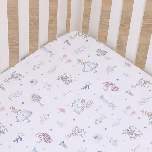 Image of Disney Alice in Wonderland Light Blue, Pink, and White, Rabbit, and Cheshire Cat Super Soft Nursery Fitted Mini Crib Sheet