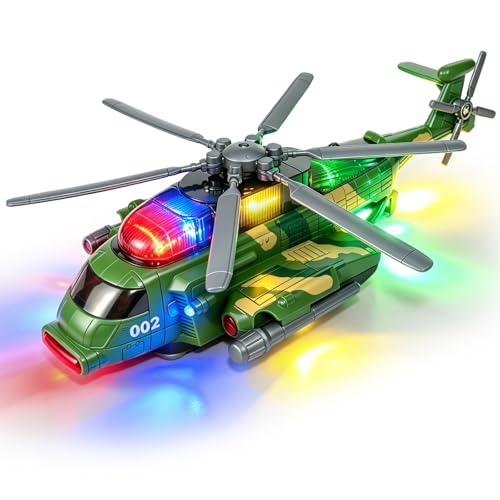 Hymaz Helicopter Toy for Kids 3-5 4-7, Army Military Plane Toy with Lights and Music, 360° Rotating, Bump and Go Airplane Toys for Boys Girls Toddlers Indoor Play Birthday Easter Gifts