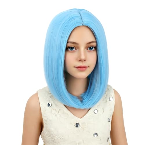 Image of Kids Blue Wig Girls Bright Blue Bob Wig Child Short Bob Wig Middle Part Wig for Kids Synthetic Wigs with Wig Cap