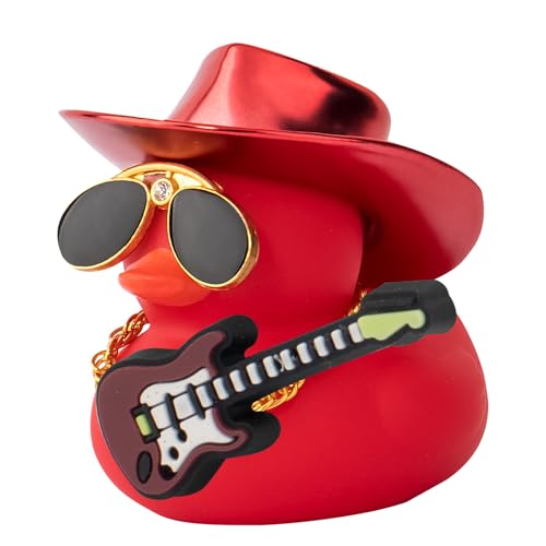wonuu Car Decorations Laser Cowboy Hat Rubber Ducks, Dashboard Rubber Ducky for Car Ornament Cute Duck with Hat, Glasses, Necklace, Guitar (Pure Red)