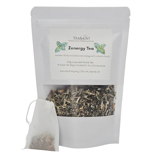 TeaSaint Zenergy Tea – Green Tea & Ginseng Herbal Energy Blend | Lemongrass, Ginger, Peppermint & Orange Peel | Natural Lift, Focus & Vitality | 100g Loose Leaf (≈30–60 Cups)