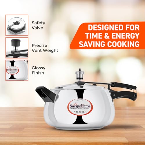 Image of Surya Flame Stainless Steel 5 Litre Pressure Cooker with Inner Lid, Magma Gas & Induction Compatible, ISI Certified (Silver), 3-Year Doorstep Warranty