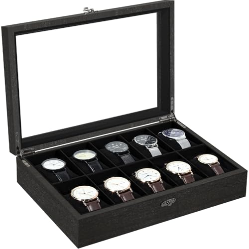 Uten Caja de Relojes con 10 Compartimentos, Caja para Reloje Madera, Tapa de Vidrio y Almohada Algodón Seda, Forro Negro, para Exhibición y Almacenamiento de Relojes Joyería, Regalo Ideal