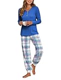 Famulily Ladies Cotton Pyjamas 2 Piece Button Down Pj Sets Plaid Printed Pjs Nightwear Blue M