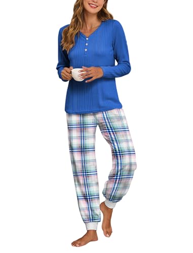Famulily Ladies Cotton Pyjamas 2 Piece Button Down Pj Sets Plaid Printed Pjs Nightwear Blue M