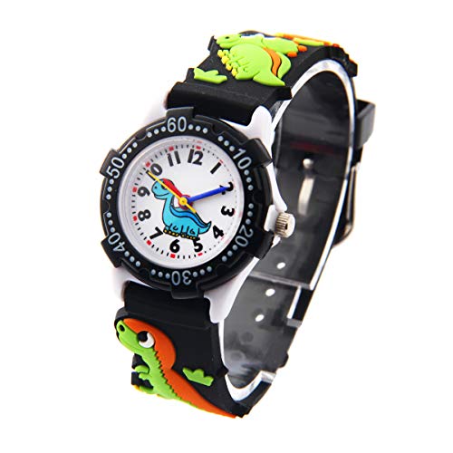 Reloj de Pulsera de Cuarzo Aprendizaje con Dibujo Animal 3D Analógico Cartoon Niños Niñas Infantiles - Dinosaurio - Negro - con Caja de Regalo