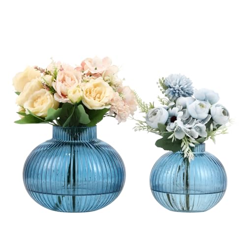 YANWE1 Blue Glass Vases for Tulips, Set of 2, Flower Vases for Bouquet, Ribbed Glass Vase for Flowers, Short Vase for Living Room, Office, Coffee Table, Shelf, Wedding
