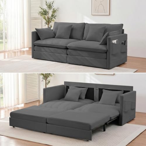 Mjkone Pull Out Sleeper Sofa Bed with Foam Mattress, Queen Size, Dark Grey