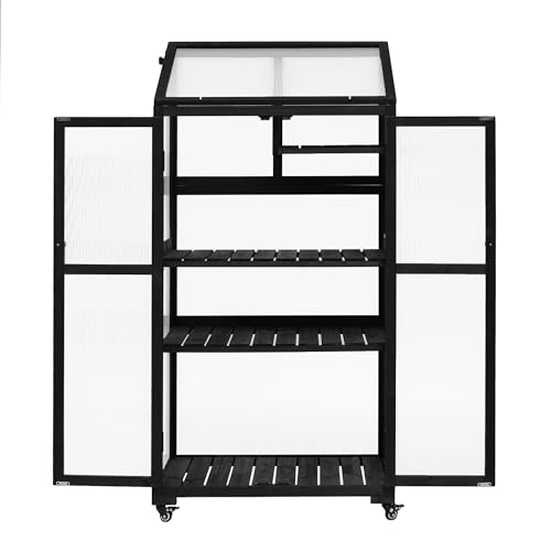 Small-Greenhouse-62-H-Cold-Frame-Portable-Greenhouse-with-Lockable-Wheels-Openable-Roof-and-Adjustable-Shelves-3-Tier-Wooden-Greenhouse-Cabinet-for-Indoor-Outdoor-Patio-Balcony-Garden-Black Small Greenhouse 62 H Cold Frame Portable Greenhouse with Lockable Wheels Openable Roof and Adjustable Shelves 3 Tier Wooden Greenhouse Cabinet for Indoor Outdoor Patio Balcony Garden Black