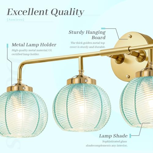 Image of 4 Light Glass Bathroom Lights Fixture Over Mirror, Gold Wall Sconce | Blue Glass Wall sconces Globe Vanity Light Mid Century Modern Hallway Bedroom Wall Lamp, 110V E26 Dimmable, Easy to install