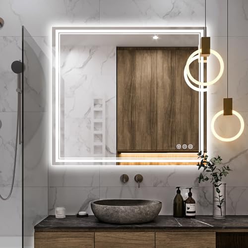 Image of 40x36 Inch Led Mirror for Bathroom with Front Light and Backlit, Bathroom Mirror with Led Lights, Vanity Mirror with Lights for Wall, Anti-Fog, Dimmable, Memory Function, Tempered Glass