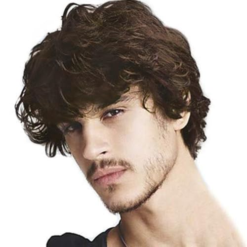 Kaneles Short Brown Curly Wigs for Men with Bang Male