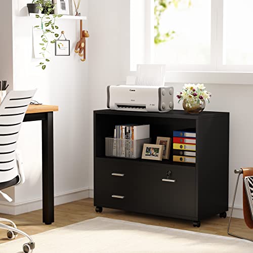 Tribesigns 3 Drawer File Cabinet With Lock, Mobile Lateral Filing Cabinet With Rolling Wheels, Large Printer Stand With Open Storage Shelves For Home Office (Black) #TOP6