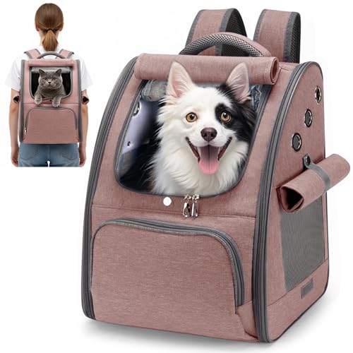 ALLSOPETS Cat Carrier Backpack, Foldable Breathable Pet Carrier Bag with Sunshade Design for Cats and Small Dogs for Travel, Vet Visits, Outdoor Walks (Rose Brown)