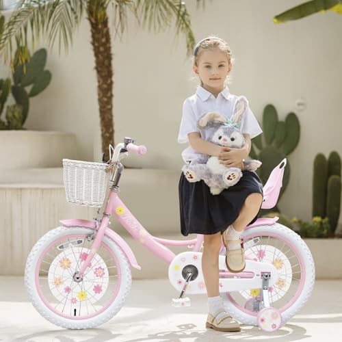 Image of Girls Bike with Basket for Toddlers and Kids Aged 3-14 Years Old, 12 14 16 18 Inch with Training Wheels & Doll Seat, 20 Inch with Kickstand & Rear Rack, Princess Style Bicycle for Gift.