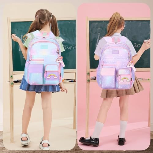 Heart Star Print Purple Girls Backpack for Elementary School Kids Bookbag with Chest Buckle Rainbow Backpack with Multi-Pockets2