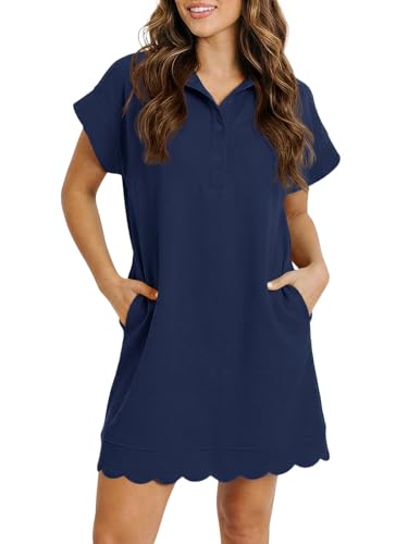 Fisoew Womens Summer T Shirt Mini Dress Short Sleeve Collared V Neck Button Loose Active Dresses with Pockets Navy