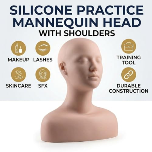 Esthetics Mannequin Head with Shoulders - Soft Makeup Practice Head Silicone PVC Cosmetology Students Tool for Wigs Hat Display,Facials Massage,Eyelashes Training,Boards,Face Paint Practicing — view 2