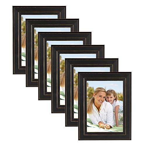 DesignOvation Kieva Solid Wood Picture Frame for Tabletop Display and Wall Mounting, Distressed Black 5 x 7, Pack of 6