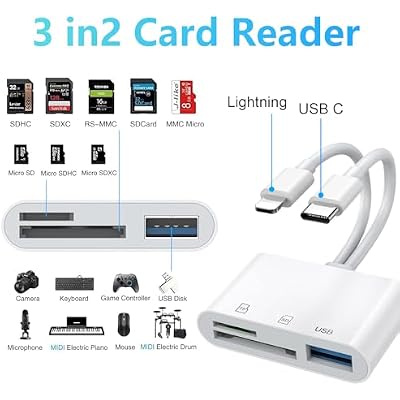 SD Card Reader for iPhone iPad Mac, Lightning & USB-C Dual Connectors Memory Card Reader with SD/Micro SD/USB-A 3 Slots, Digital Camera Adapter to iPhone, Plug & Play