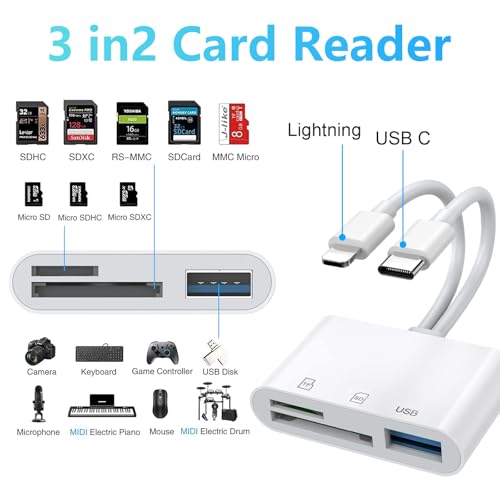 Aplimln SD Card Reader for iPhone iPad Mac, Lightning & USB-C Dual Connectors Memory Card Reader with SD/Micro SD/USB-A 3 Slots, Digital Camera Adapter to iPhone, Plug & Play - Thumbnail 2