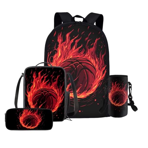 GIFTPUZZ Cool Fire Basketball Bookbag for Boys 8-12 Sport Boys Backpack with Lunch Box Basketball Large Capacity 4pcs Basketball Bookbag for Boys 8-12 Back to School Gifts
