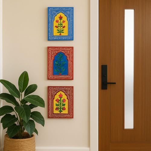 Image of SHREE 'O' GREEN TECH Set Of 2 Handcrafted Wooden Unique Jharokha Wall Hanging Multicolor Rajasthani Window Frame for Home, Living Room, Bedroom & Office Decor (9x15 Inch)