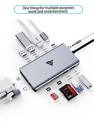 Image of Vaku Luxos Axel USB C Hub, Type C Hub, 11-in-1 Adapter with Ethernet, 4K USB C to HDMI, VGA, 2 USB3.0 2 USB2.0, Micro SD /TF Card Reader, Mic /Audio, USB-C Pd 3.0, Compatible for Mac Pro and Type C Laptops