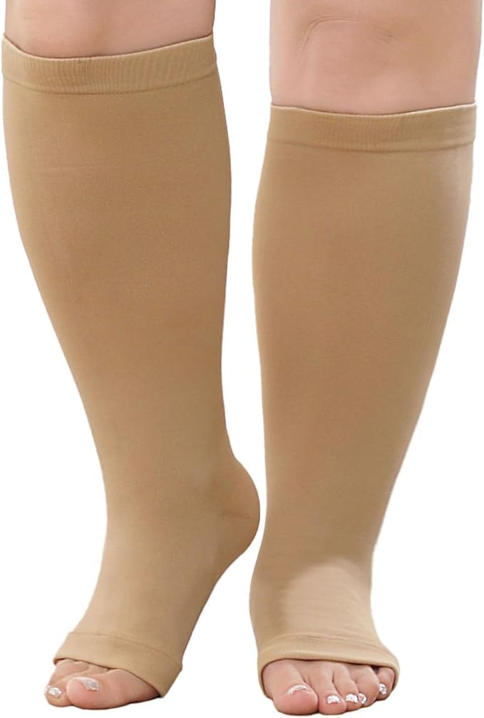 LOFIR Medizinische Kompressionsstrümpfe für Damen Herren: Offene Zehen Kniehohe Dicke Waden Übergröße Stützstrümpfe Feste 20-30 mmHg Klasse 2 Gradienten Compression Socks Schwarz Hautfarbe 1Paar