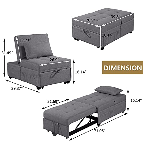 IPKIG Convertible Chair Sleeper Bed, 4 in 1 Multi-Function Sleeper Sofa Folding Ottoman Modern Linen Fabric Guest Bed with Lumbar Pillow and Adjustable Sleeper for Small Space Apartment (Dark Grey) - Thumbnail 6