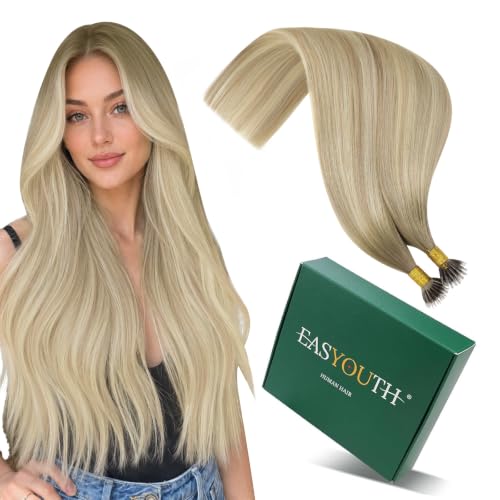 Image of Easyouth 20 Inch 50g Nano Bead Hair Extensions Ombre Nano Hair Extensions Human Hair Ash Blonde Ombre Light Brown with Blonde Balayage Nano Ring Hair Extension for Women Cold Fusion Hair