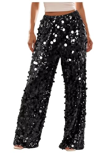 kangsitp Black Sequin Womens Pants Plus Size Sparkly Pants for Women Dressy Casual Shiny Glitter Sparkling Trousers Size XX-Large