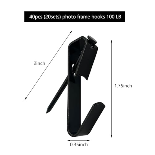 Image of 100LB Photo Frame Hooks Black Picture Hanging Hooks with Nails Kits 40 Pcs (20 Stes)
