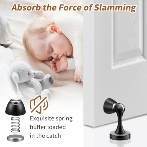 Magnetic Door Stops, Door Stopper Stainless Steel Magnetic Doorstop Brushed Satin Nickel, Black Wall Floor Mounted Door Holder Door Catch for Bedroom Bathroom Kitchen Home Office - Thumbnail 4