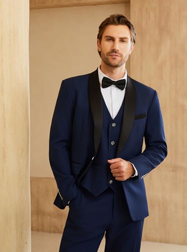 WULFUL Men's 3 Piece Suits Slim Fit Tuxedo Suit Set One Button Shawl Lapel Blazer Jacket Vest Pants Set for Prom, Business3
