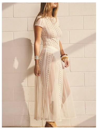 Milumia Women's Sexy See Through Lace Long Dress Short Sleeve A Line Sheer Summer Dresses2