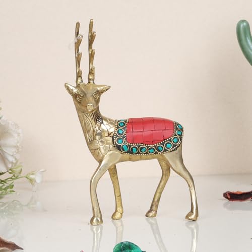 Image of Kartique Brass Feng Shui Deer Statue for Longevity and Energetic Environment | Showpiece for Home Office Decor and Gift Statue Showpiece Vastu Decorative Height 7 Inch (Multicolor)