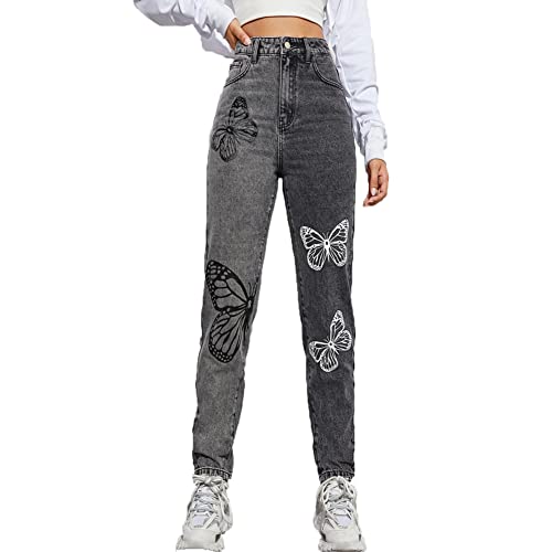 Color Block Jeans for Women Patchwork Boyfriend Baggy Pants High Waist Butterfly Print Jeans Vintage
