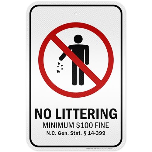 No Littering Minimum 100 Fine Nc Gen Stat 14 399 Sign, 12x18 Inches, 3M EGP Reflective .063 Aluminum, Fade Resistant, Made in USA by My Sign Center