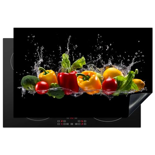 KitchenYeah© Herdabdeckplatte Einteilig Abdeckplatten Cerankochfeld Abdeckung Ceranfeld Herdplattenabdeckung Induktionsmatte Paprika - Wasser - Gemüse - Schwarz - 80x52 cm