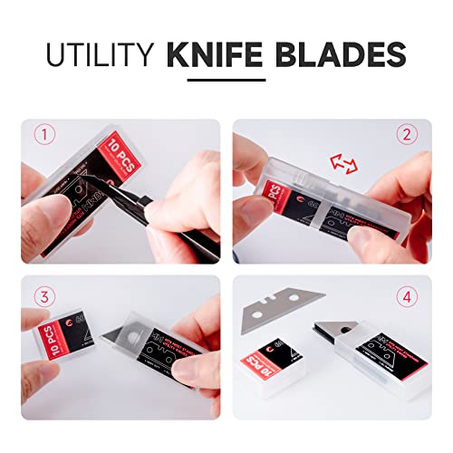 Foshio 10 Pack Utility Knife Blades, Heavy Duty Box Cutter Blades Sk5 Carbon Steel, Standard Replacement Razor Blades Utility Knife For Leather, Rubber, Wood, Fits Most Standard Utility Knives #TOP6