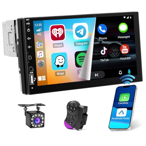 Hikity Autoradio 1 din avec écran Tactile 7 Pouces, Radio Bluetooth 1 din avec sans Fil Carplay Android Auto Mirror Link SWC Radio USB/TF/AUX Caméra de Recul + MIC