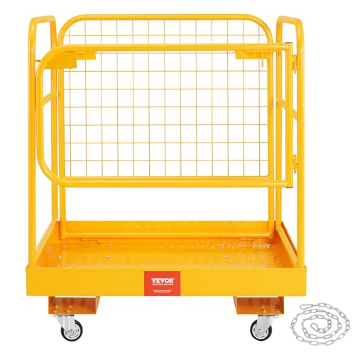 VEVOR Jaula de Seguridad Carretilla Elevadora Carga 544kg Plataforma de Trabajo Plegable 92x92cm 1-2 Personas Ruedas Giratorias Bloqueables Cadena de Drenaje con Orificio Seguridad para Trabajo Aéreo